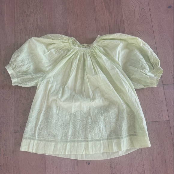 Ulla Johnson - Lime Green Embroidered Puff Sleeve Blouse W/ Mesh Trim Sz 10 - Picture 1 of 6